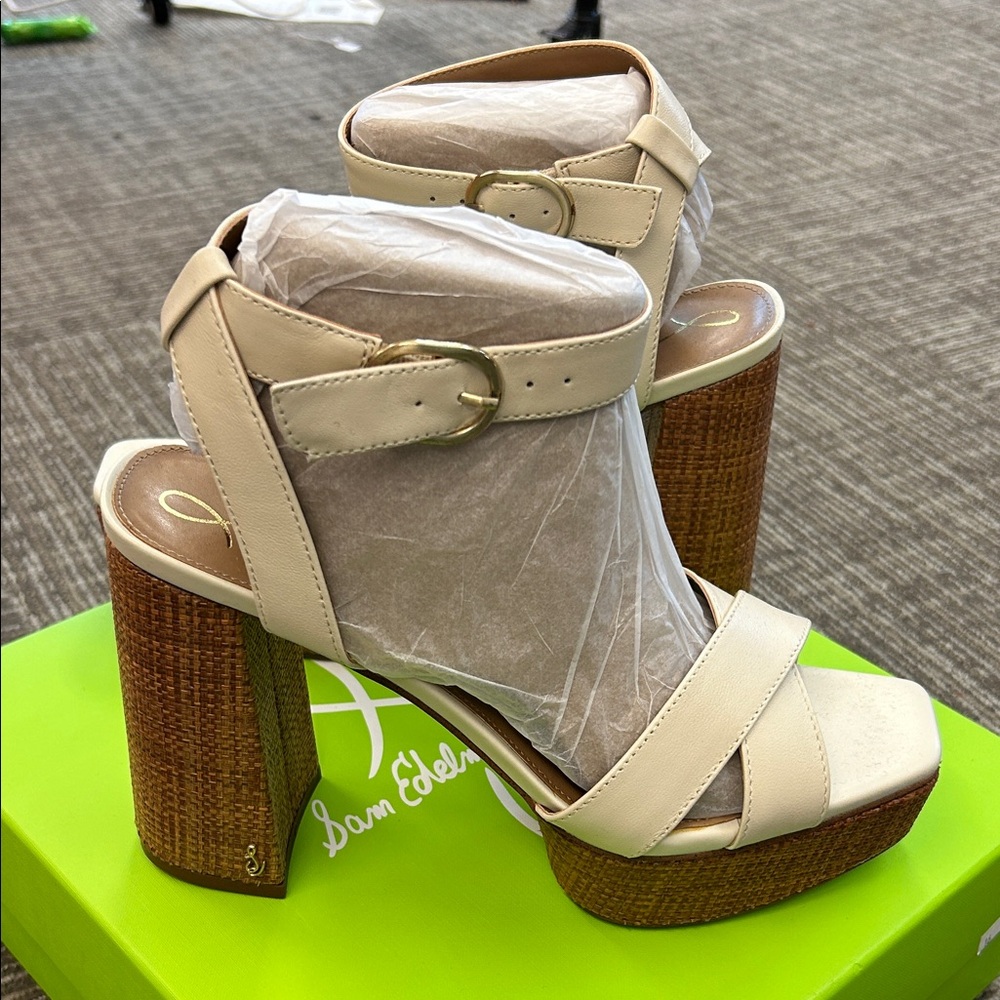 Sam Edelman Nolita Ivory Leather Platform Sandals Block Heel Size 9.5
